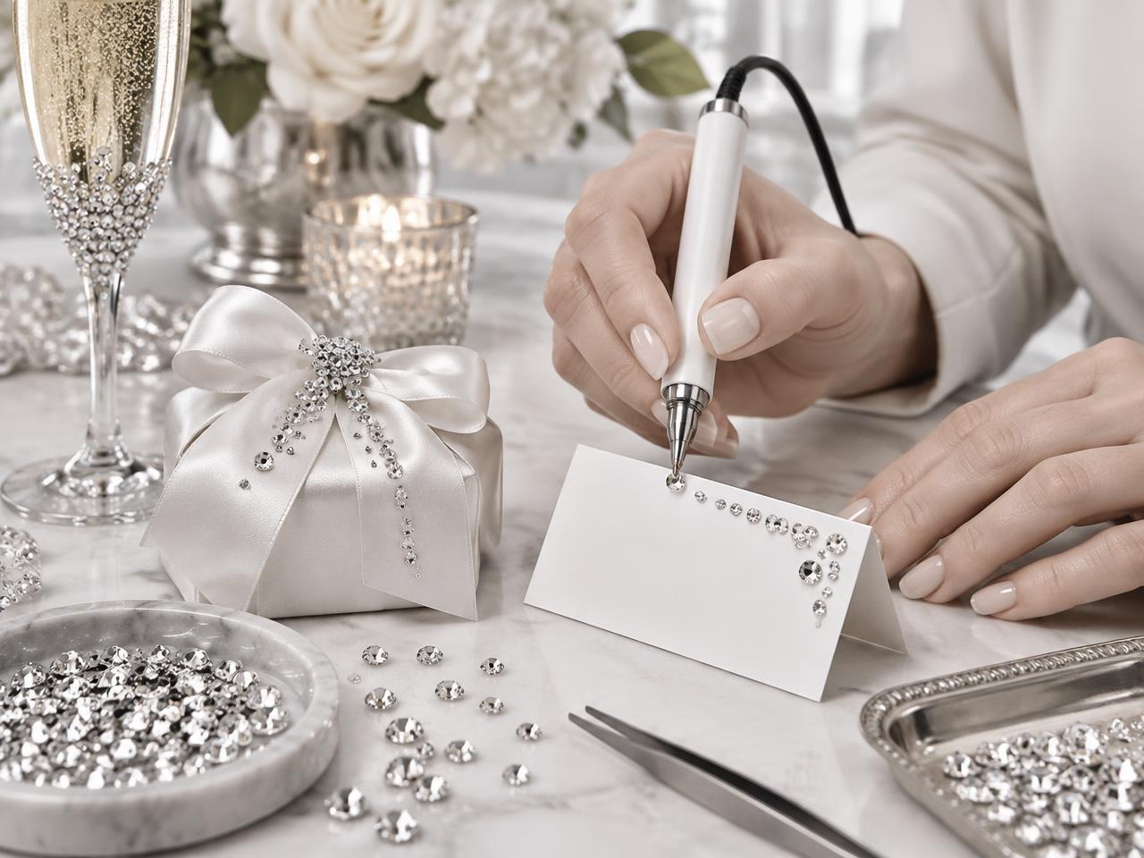 Hot fix crystals applied by hand to a bespoke event place card